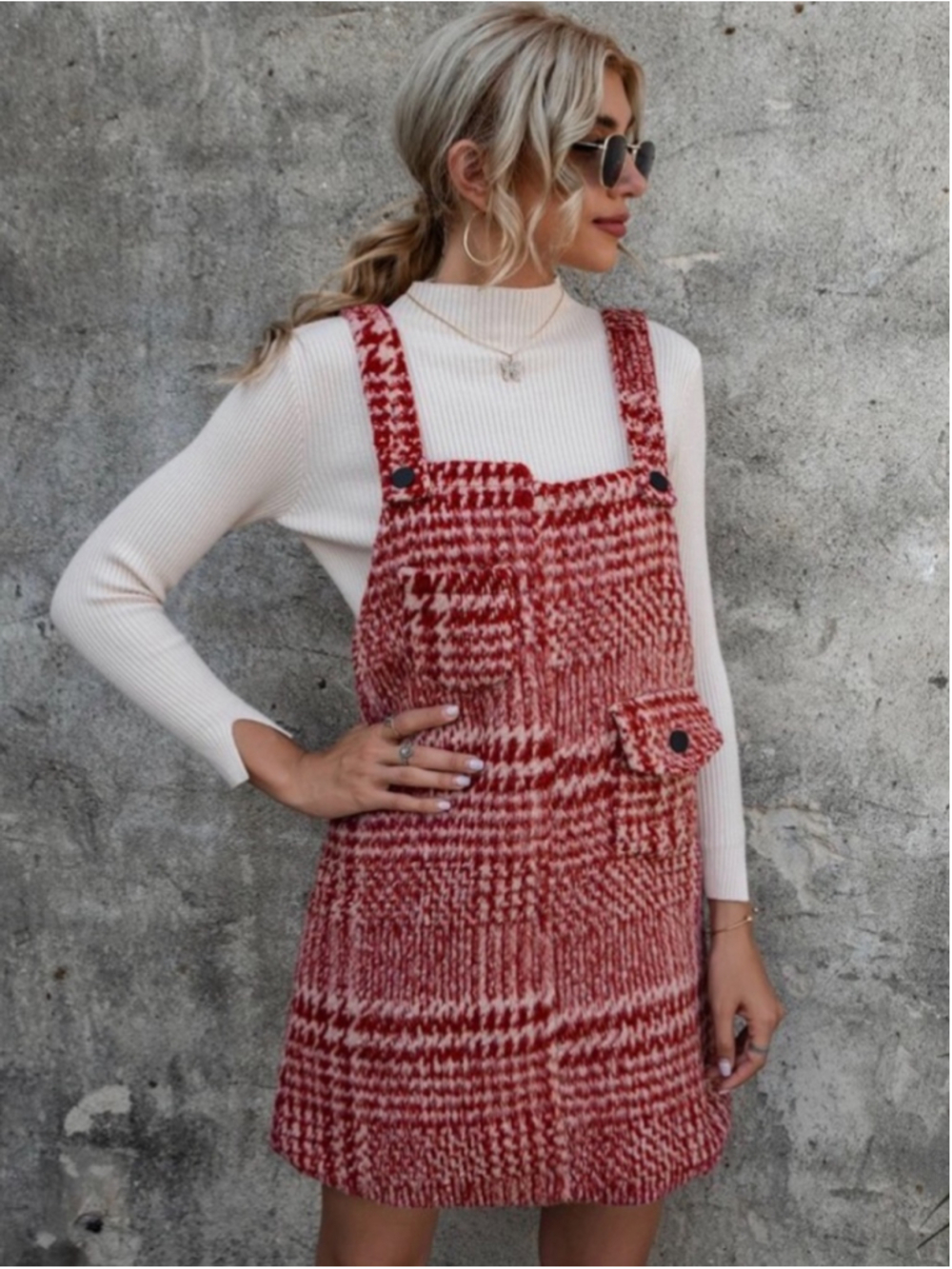 NWT Thick Fuzzy Lined Red Plaid Houndstooth Overalls Pinafore Dress Sz S